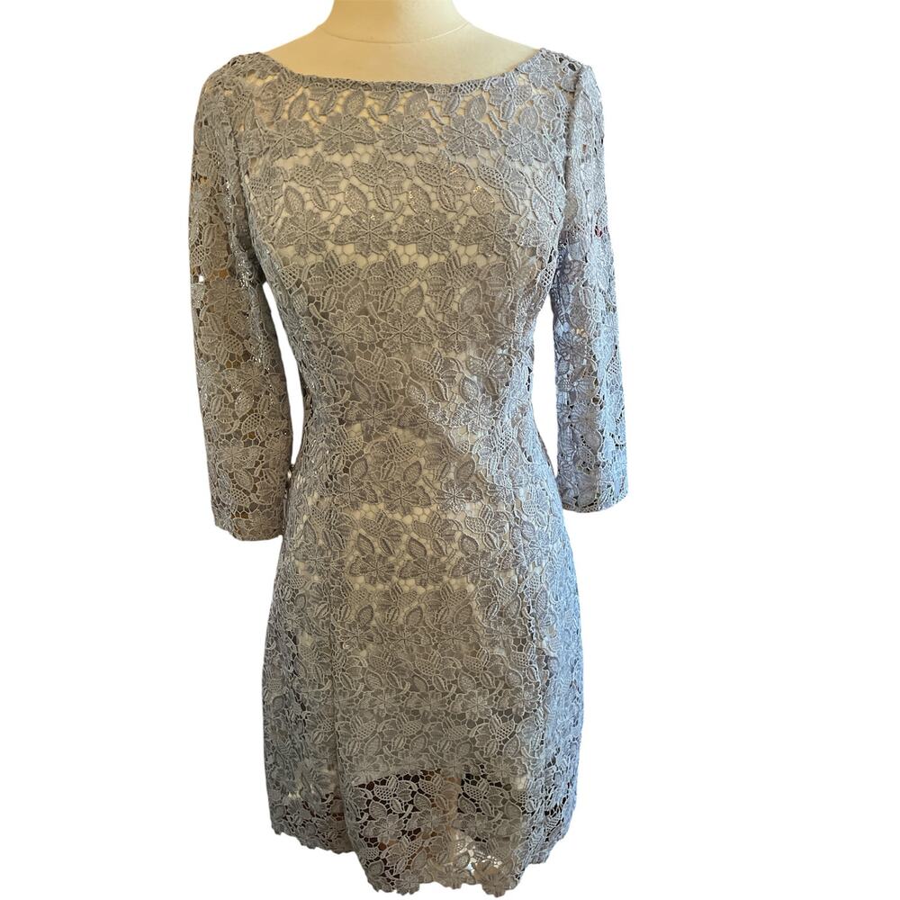 Kay Unger New York Gray/Sliver sequin Illusion Crochet Lace Dress Size 10